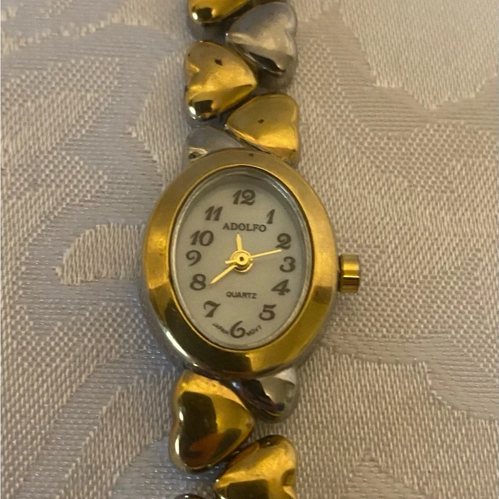 Adolfo Lady’s Watch, Two-toned Heart Strap, Mother Of Pearl Face
